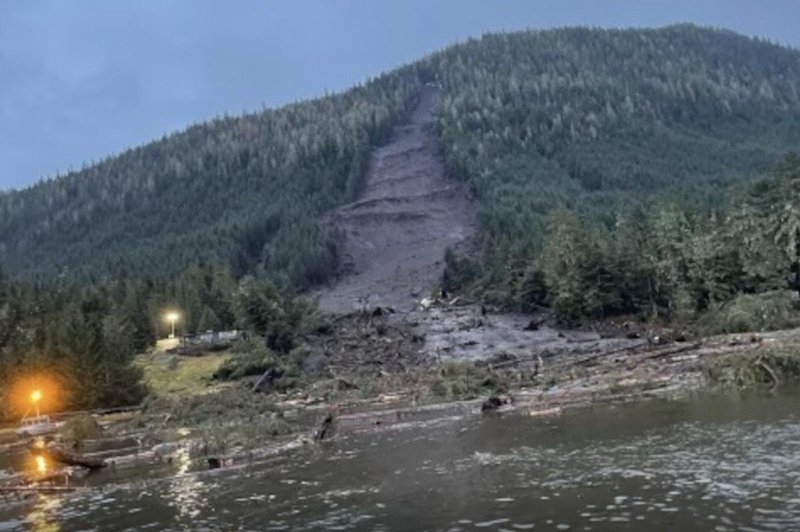 A large landslide destroyed several homes near Wrangell, Alaska on Monday night, killing three people. The search for three others missing in the slide continues as search crews navigate "hazardous" conditions. Photo courtesy of Alaska Department of Transportation and Public Facilities