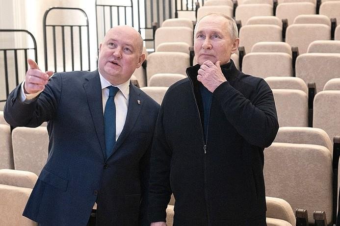 Russian President Vladimir Putin made a surprise visit to the occupied city of Mariupol in the Donetsk region of Ukraine on Sunday, a day after he made a trip to the Ukrainian province of Crimea on the anniversary of its illegal annexation by Russia. Photo courtesy of the Kremlin