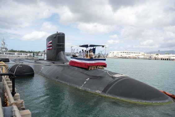 The Virginia-class fast-attack submarine USS Hawaii on the submarine piers in Joint Base Pearl Harbor-Hickam during a change of command ceremony on August 2. Photo by Petty Officer 1st Class Daniel Hinton/U.S. Navy