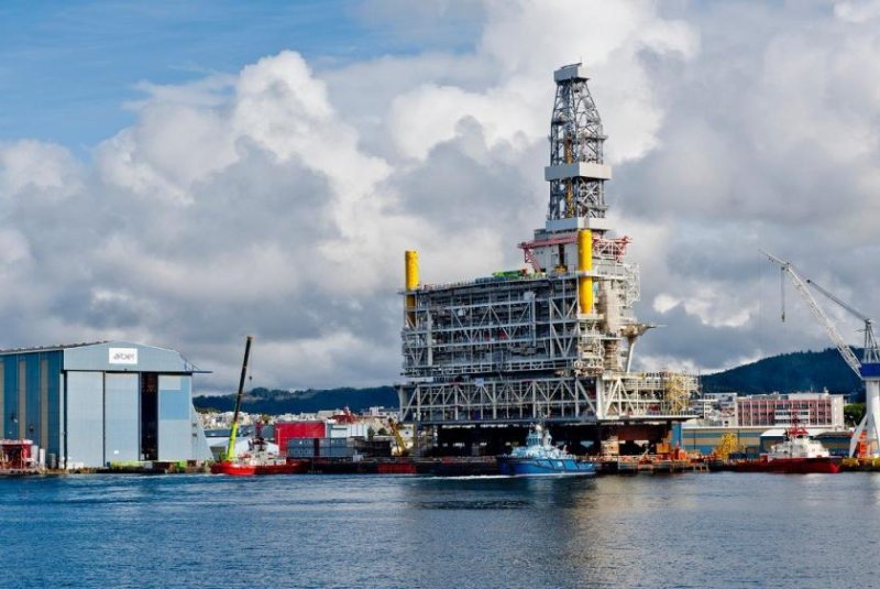A key component of a platform for the Johan Sverdrup oil field off the coast of Norway is leaving its ship yard for the North Sea. Photo courtesy of Equinor