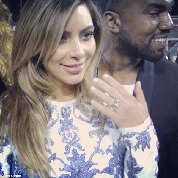 Kanye West proposed to Kim Kardashian with a 15-carat sparkler on Monday night. / Instagram @djcurt07