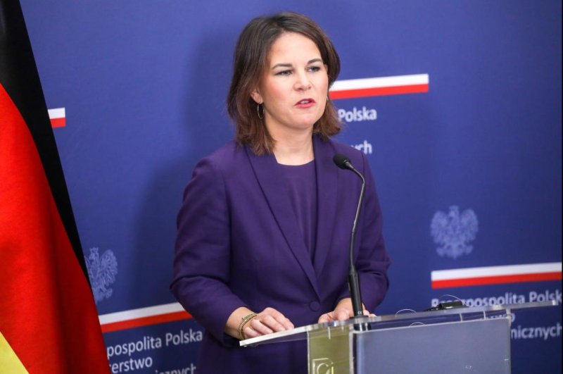 German Foreign Affairs Minister Annalena Baerbock speaks during a press briefing in Warsaw, Poland, on Tuesday. EPA-EFE
