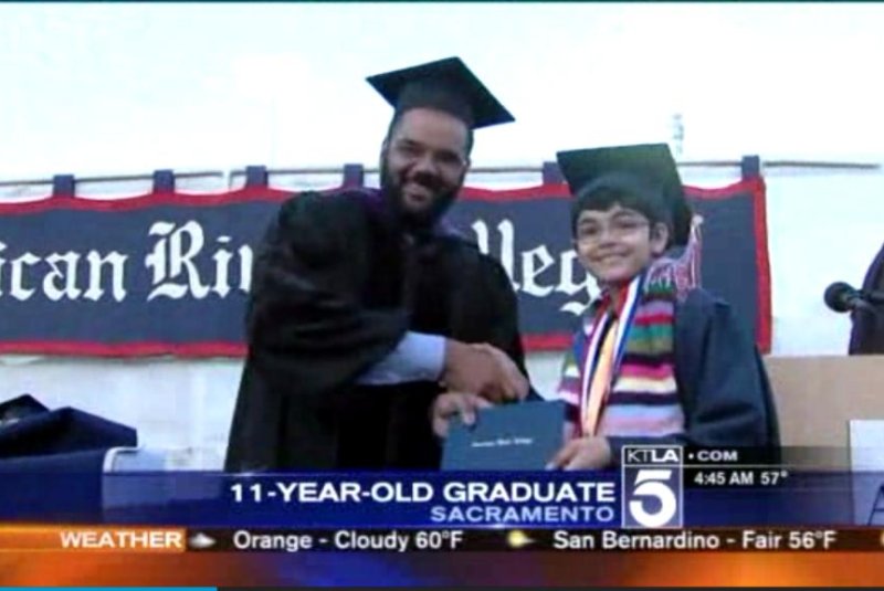 Tanishq Abraham, 11, graduated Wednesday from American River College in Sacramento with associate degrees in math, science and foreign language studies. KTLA-TV screenshot
