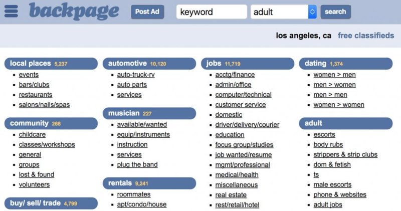 The website Backpage.com closed its adult section, shown in the right-hand column, to U.S. users on Monday after a Senate subcommittee report accused it of facilitating prostitution and child sex trafficking. Screenshot from Backpage.com
