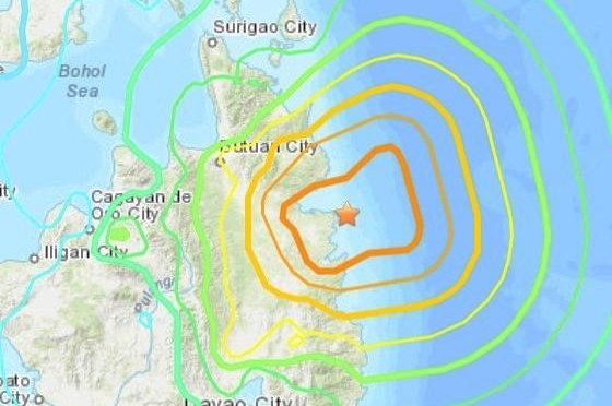 A strong earthquake with a preliminary 6.9 magnitude struck off the coast of the Philippines island of Mindanao on Saturday, triggering tsunami warnings across Japan and Asia. Image by U.S. Geological Survey