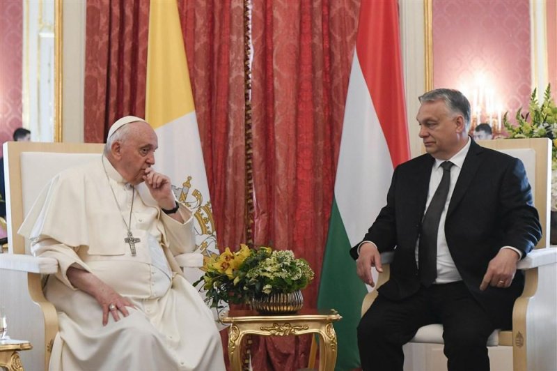 Pope Francis (L) meeting with Hungary's Prime Minister Viktor Orban at Sandor Palace in Budapest on Friday. Photo by Vatican Media/EPA-EFE