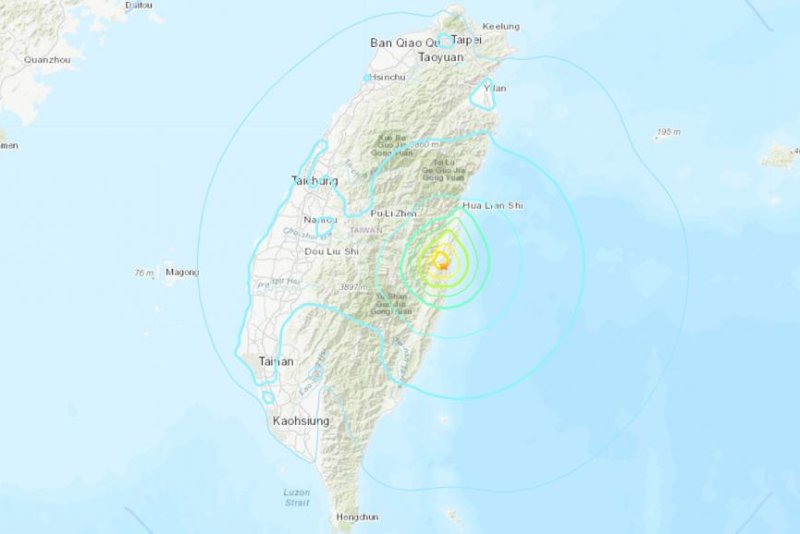 The USGS said that Monday's earthquake was felt by almost 11 million people who live in the capital Taipei and along the eastern edge of the island. Image courtesy U.S. Geological Survey