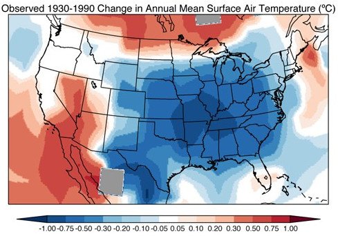 Observed change in surface air temperature between 1930 and 1990. Observations are from the NASA GISS Surface Temperature Analysis. Image courtesy of Eric Leibensperger.