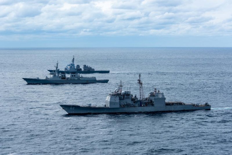 Warships of the United States, South Korea and Japan conduct exercises near the Korean Peninsula on Thursday in response to North Korea launches a missile earlier this week over Japan. Photo courtesy of U.S. Pacific Fleet/<a href="https://www.cpf.navy.mil/Photo-Gallery/igphoto/2003092618/">Website</a>