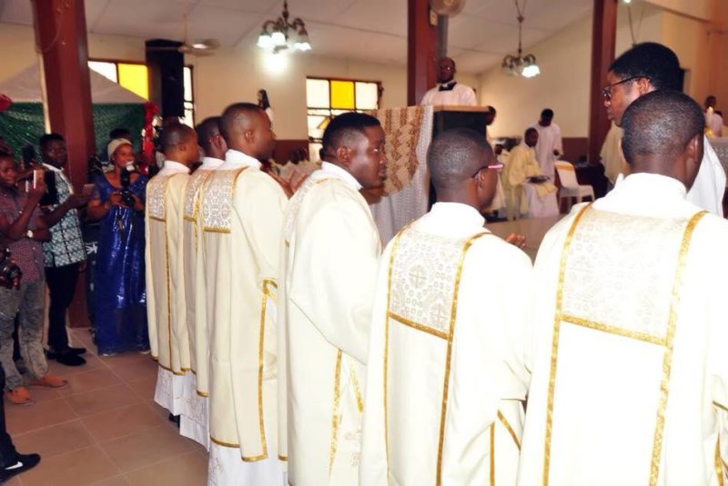 New priests are pictured becoming ordained by the Catholic Diocese of Ondo at the St. Francis Xavier Catholic Church, where gunmen on motorcycles killed dozens of Nigerians on Sunday. Photo courtesy Catholic Diocese of Ondo/<a href="https://www.facebook.com/catholicdioceseofondo/photos/pcb.2094581130773386/2094579144106918">Facebook</a>