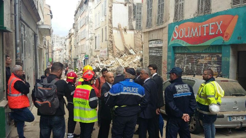 Rescue crews work in the vicinity of two collapsed buildings Monday in Marseille, France. Photo courtesy MarinsPompiers/Twitter