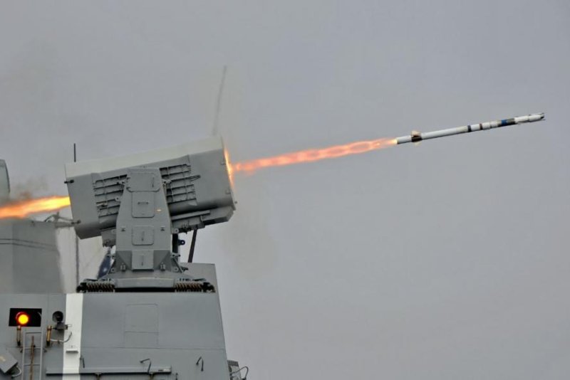The amphibious transport dock ship USS New Orleans fires a surface-to air-intercept missile from its Rolling Airframe Missile launcher. File Photo by MCS2 Gary Granger Jr./U.S. Navy/UPI