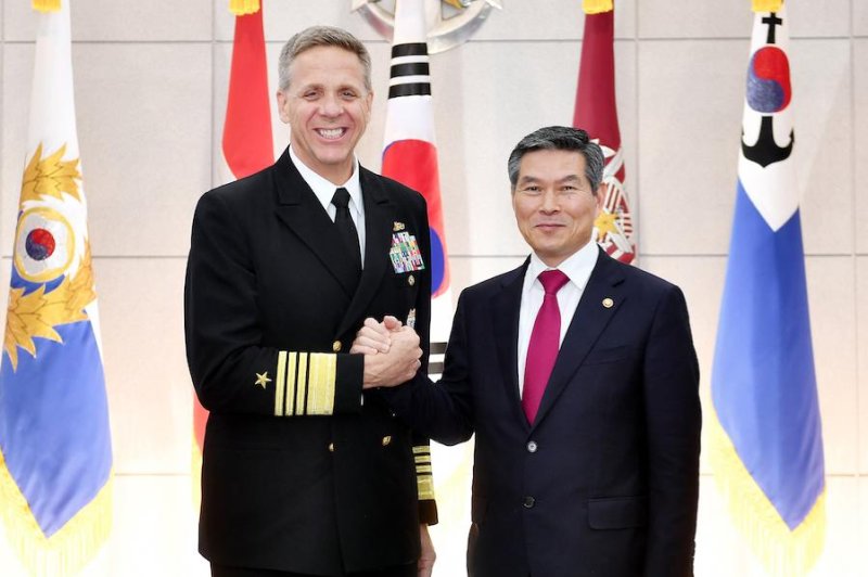 South Korea Defense Minister Jeong Kyeong-doo (R) meets with Adm. Philip Davidson (L), commander of the U.S. Indo-Pacific Command in Seoul on Thursday. The two nations’ militaries conducted joint drills this month. File Photo courtesy of Republic of Korea Ministry of Defense