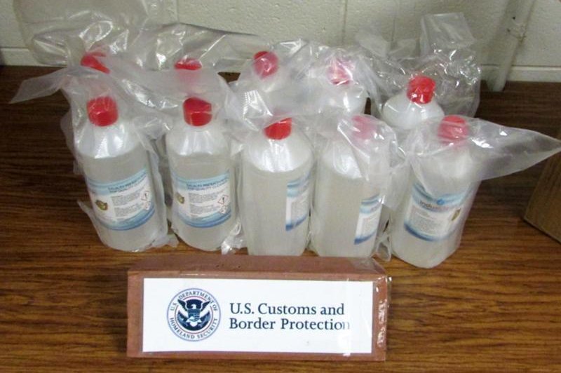 Customs officials in Philadelphia this week announced the seizure of an illegal shipment of gamma butyrolactone, an industrial chemical used to manufacture date-rape drugs. A similar bust last year (pictured) netted 10 bottles of the liquid. Photo Courtesy Customs and Protection/Twitter