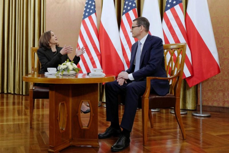 Polish Prime Minister Mateusz Morawiecki meets with U.S. Vice President Kamala Harris on Thursday at the Chancellery of the Prime Minister in Warsaw, Poland. The U.S. visit is a demonstration of support for NATO's eastern flank allies in the face of Russian aggression in Ukraine. Photo by Marcin Obara/EPA-EFE