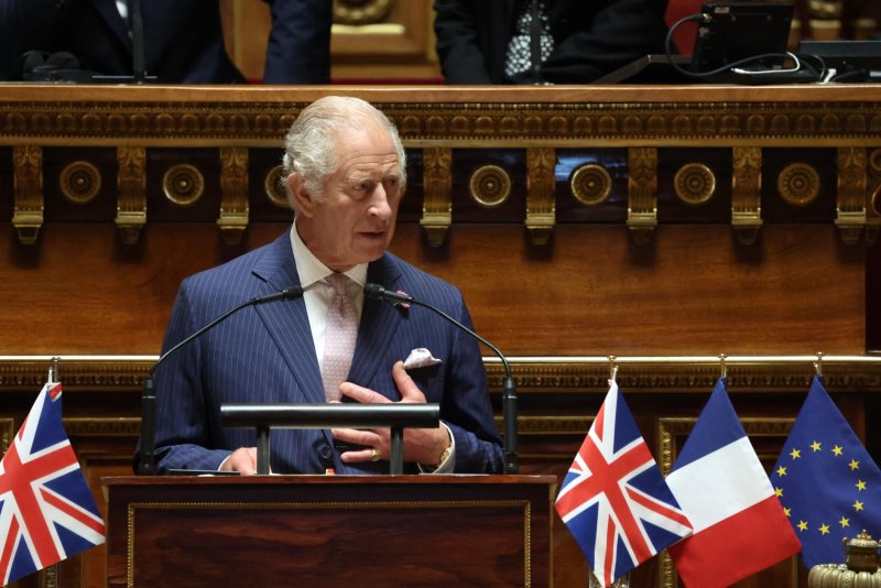 King Charles III addresses the French Senate on Thursday in Paris on day two of a three day state visit to France. Photo by Emmanuel Dunand/EPA-EFE/Pool