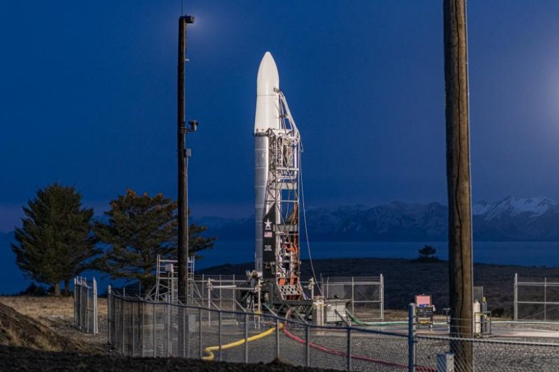 California-based launch company Astra's Rocket 3.2 is shown on the launch pad in Alaska before liftoff Tuesday. Photo courtesy of Astra