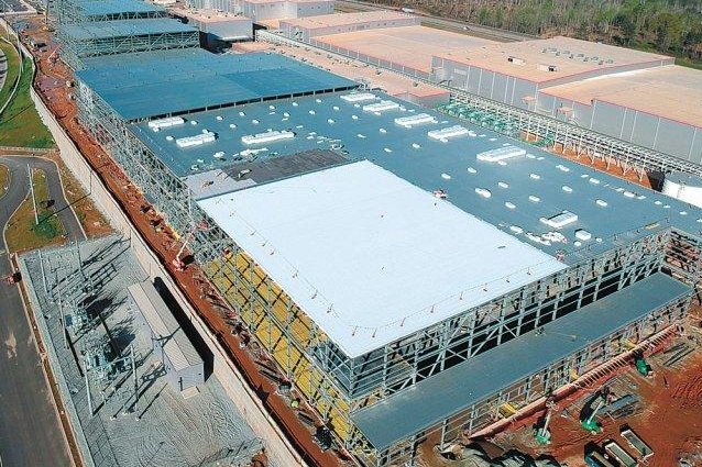 This electric vehicle battery factory is being constructed in Georgia. Ford and GM plan to build a total of three EV battery plants in the United States and one in Turkey to meet the rising EV demand. Photo courtesy of SK On