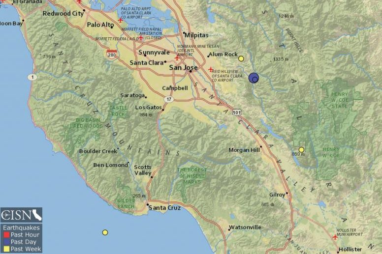 A 5.1 magnitude earthquake struck 12 miles east of San Jose, Calif., Tuesday, according to the U.S. Geological Survey which called the temblor the largest quake to strike the San Francisco Bay Area in eight years. Map courtesy of California Integrated Seismic Network