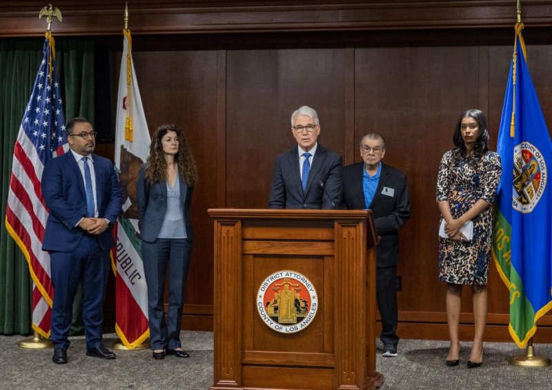 Los Angeles County District Attorney George Gascon (C) announced charges Wednesday against seven California Highway Patrol officers and a nurse in connection to the March 31, 2020, death of Edward Bronstein. Photo courtesy of Los Angeles County District Attorney's Office/Release