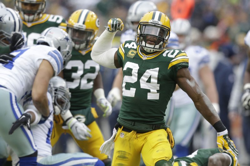 Green Bay Packers' Jarrett Bush (24) reacts after making a stop on a Dallas player on a kickoff in a NFC divisional playoff game at Lambeau Field on Jan. 11 in Green Bay, Wis.The Packers won 26-21. File Photo by Jeffrey Phelps/UPI | <a href="/News_Photos/lp/583361da5d4713da328cd0b62cdd4de7/" target="_blank">License Photo</a>