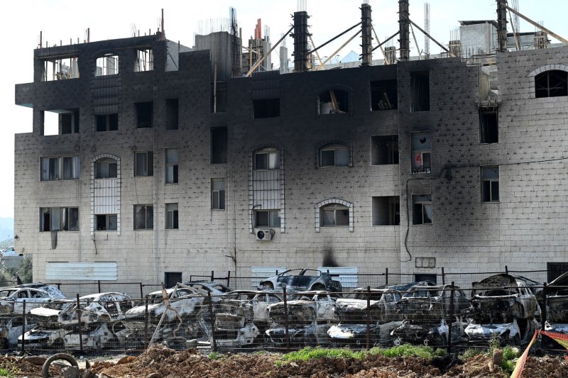 In February, West Bank buildings in Huwara were burned in a counterattack by Israeli settlers after Palestinian gunmen had killed two Israeli brothers earlier. File Photo by Debbie Hill/UPI