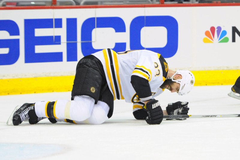 Boston Bruins defenseman Zdeno Chara took a puck to the face in Game 4 of the Stanley Cup Final on Monday night. File Photo by Mark Goldman/UPI