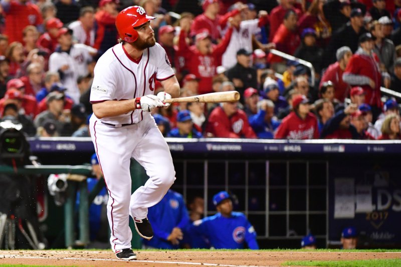 Washington Nationals Daniel Murphy hits a solo home run in the 2nd inning in Game 5 of the National League Divisional Series at Nationals Park in Washington, D.C. on October 12, 2017. File photo by Kevin Dietsch/UPI