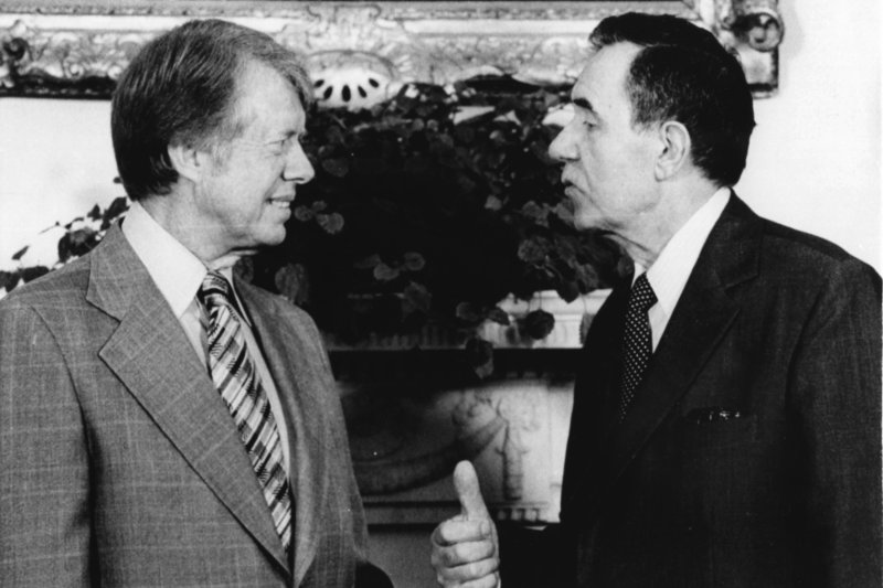 U.S. President Jimmy Carter (L) meets with Soviet Minister Andrei Gromyko in 1977. File Photo by Frank Cancellare/UPI