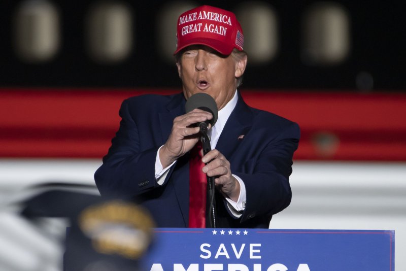 Former President Donald Trump urged his supporters to “take our nation back" in a Saturday social media post in which he predicted he will be arrested next week. File Photo by Archie Carpenter/UPI