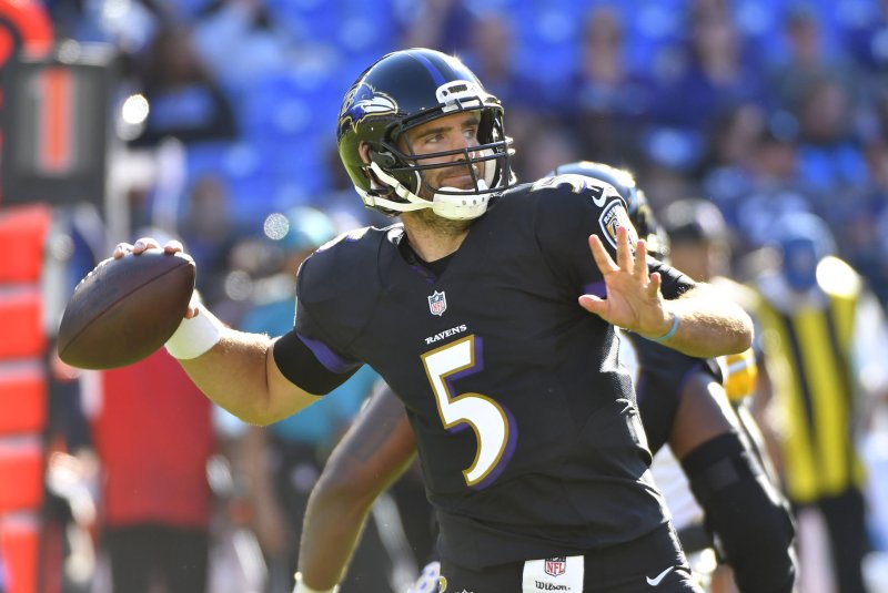 Baltimore Ravens quarterback Joe Flacco throws downfield against the Pittsburgh Steelers during the second half on October 1, 2017 at M&T Bank Stadium in Baltimore, Maryland. Photo by David Tulis/UPI