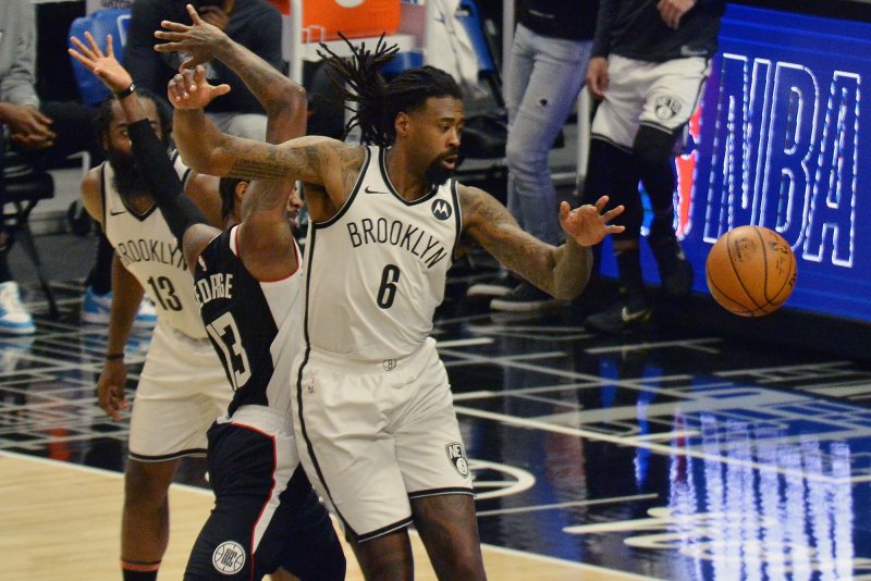 Brooklyn Nets center DeAndre Jordan (C), shown Feb. 21, 2021, averaged 7.5 points and 7.5 rebounds over 57 games last season for the Nets. File Photo by Jim Ruymen/UPI
