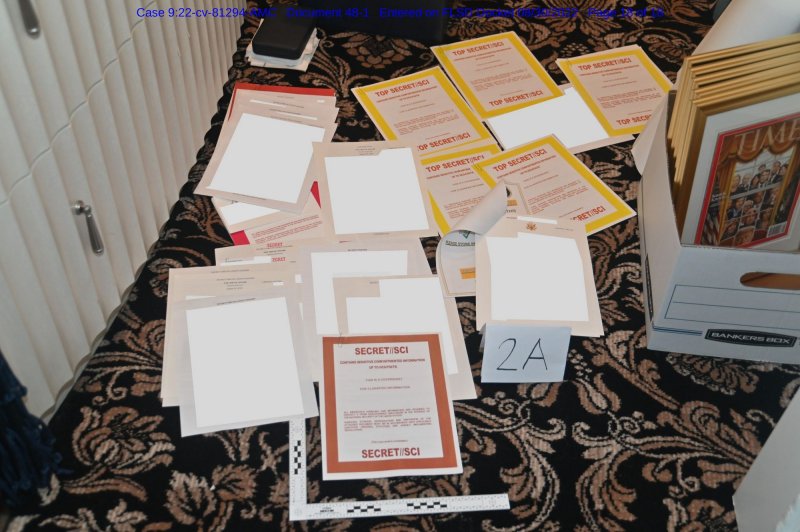 This photo that was included in a court filing submitted by the Department of Justice on August 30 shows a collection of documents seized by the FBI on August 8 during the execution of a search warrant on the Mar-a-Lago home of former President Donald Trump. File Photo via Department of Justice/UPI | <a href="/News_Photos/lp/dec37a0e4662632e56fe144453e0d3c2/" target="_blank">License Photo</a>