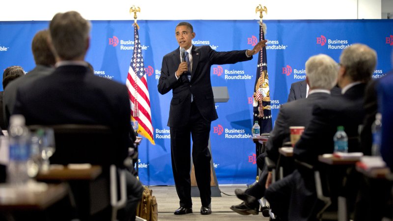 President Barack Obama delivers remarks to members of the Business Roundtable during a meeting at their headquarters in Washington, DC on December 5, 2012. UPI/Kevin Dietsch | <a href="/News_Photos/lp/0d3624b24b58a75036e73dacd87229ac/" target="_blank">License Photo</a>