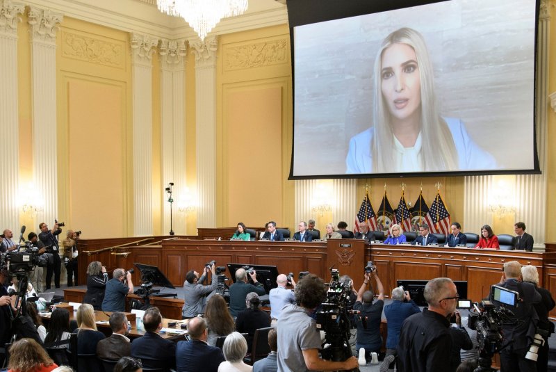 An image of Ivanka Trump, daughter of former President Donald Trump, is shown giving testimony as the House select committee investigating the Jan. 6 attack on the U.S. Capitol holds its first public hearing on Thursday. Photo by Mandel Ngan/UPI | <a href="/News_Photos/lp/1afea7ad14f49a11346288924c7b844f/" target="_blank">License Photo</a>
