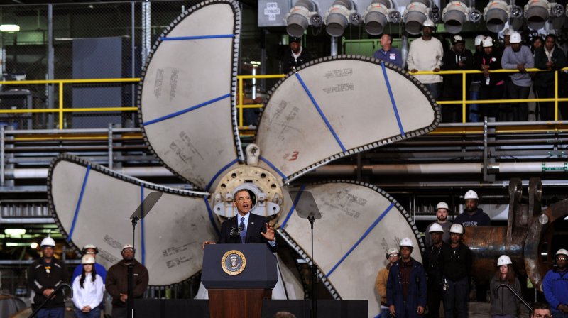 President Barack Obama delivers remarks on the impact of sequestration at Newport News Shipbuilding Submarine Module Outfitting Facility, in Newport News, Virginia on February 26, 2013. If Congress fails to act by March 1 a set of automatic across-the-board spending cuts, to almost all government agencies, totaling $1.2 trillion over the next 10 years, will go into action. UPI/Kevin Dietsch