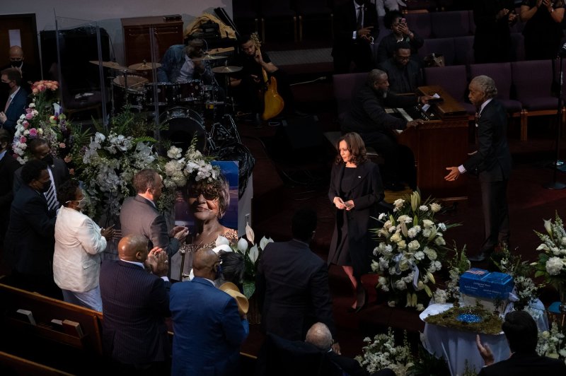 Vice President Kamala Harris is seen here walking back to her seat after talking to people at the funeral of Ruth Whitfield on May 28 in Buffalo, N.Y. Photo by Malik Rainey/UPI