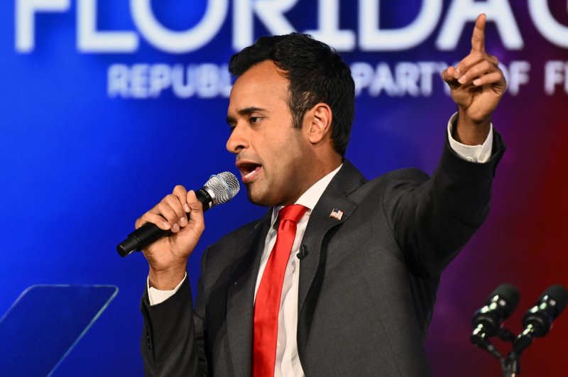 Republican presidential candidate Vivek Ramaswamy says he would fire 50% of government employees at random during his first day in office if elected. Photo by Joe Marino/UPI