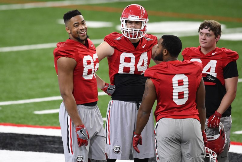 Georgia Bulldogs wide receiver Michael Chigbu (82) joins teammates during practice for the NCAA football National Championship Game on January 6, 2018 in Athens, Georgia. Photo by David Tulis/UPI | <a href="/News_Photos/lp/051777fa32c4f94fab4fcafef16b9ca2/" target="_blank">License Photo</a>