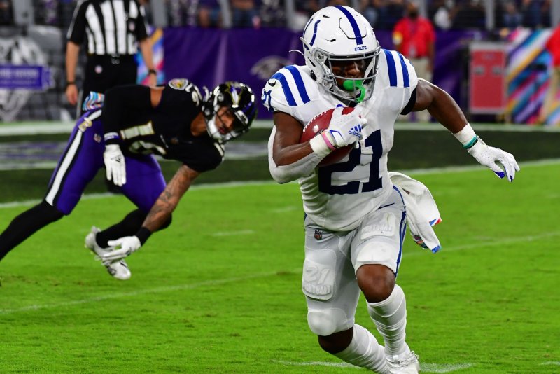 The Buffalo Bills acquired running back Nyheim Hines (21) in a November trade with the Indianapolis Colts. File Photo by David Tulis/UPI