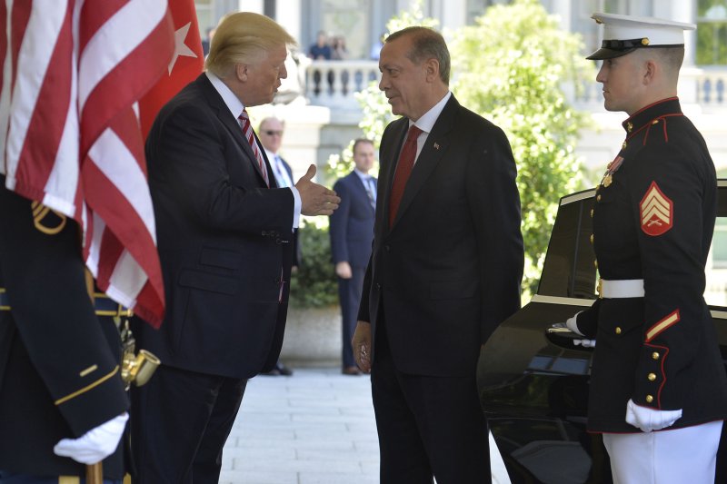 President Donald Trump welcomes Turkish President Recep Tayyip Erdogan to the White House on May 16, 2017. During his visit to Washington, D.C., members of Erdogan's security team engaged in physical altercations with protesters at the Turkish Embassy that ultimately resulted in charges. File Photo by Mike Theiler/UPI