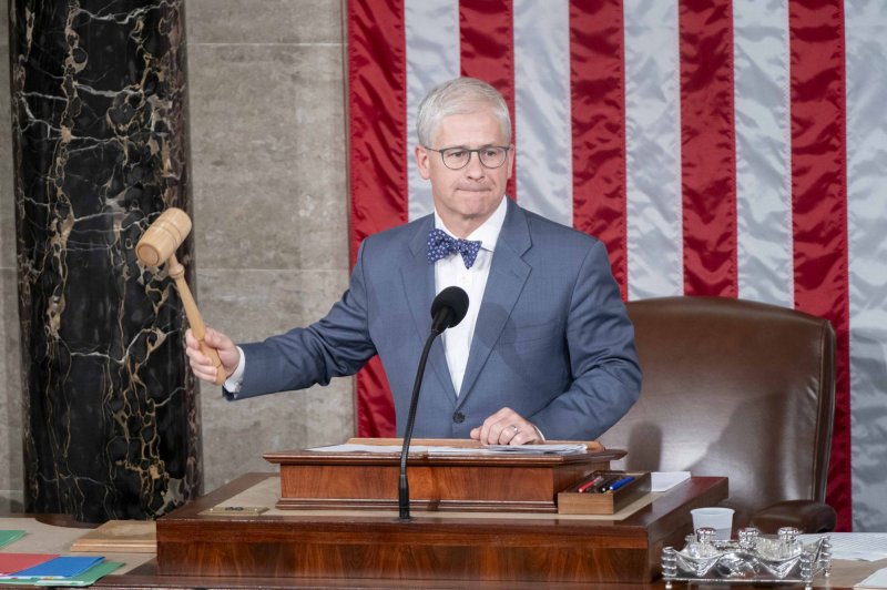 In October at the U.S. Capitol, then-House Speaker Pro Tempore Rep. Patrick McHenry, R-N.C., gaveled in before members who then voted to elect a new speaker. File Photo by Bonnie Cash/UPI