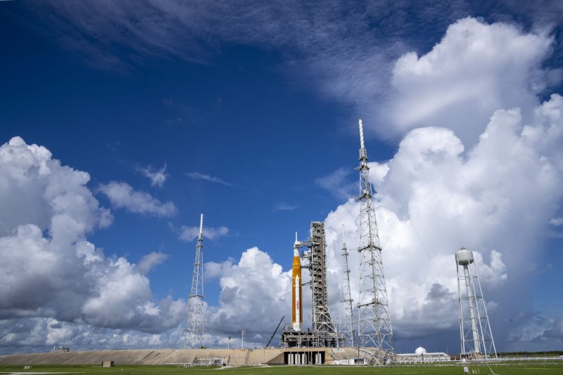 Artemis 1 sits on the launchpad at the Kennedy Space Center in Florida on Thursday, ahead of NASA's SLS rocket and Orion capsule scheduled lift off on Monday. Photo by Pat Benic/UPI