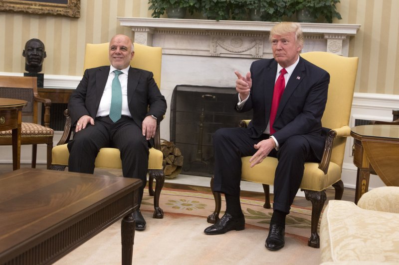 U.S. President Donald J. Trump meets with Iraqi Prime Minister Haider al-Abadi in the Oval Office at the White House on Washington, D.C., on Monday. Abadi suggested he is looking forward to working with Trump's administration to combat the threat of terrorism, adding that he would like to create a joint plan with the United States. Pool Photo by Chris Kleponis/UPI | <a href="/News_Photos/lp/ccd176fcaaa97b284c9706b167249a8a/" target="_blank">License Photo</a>
