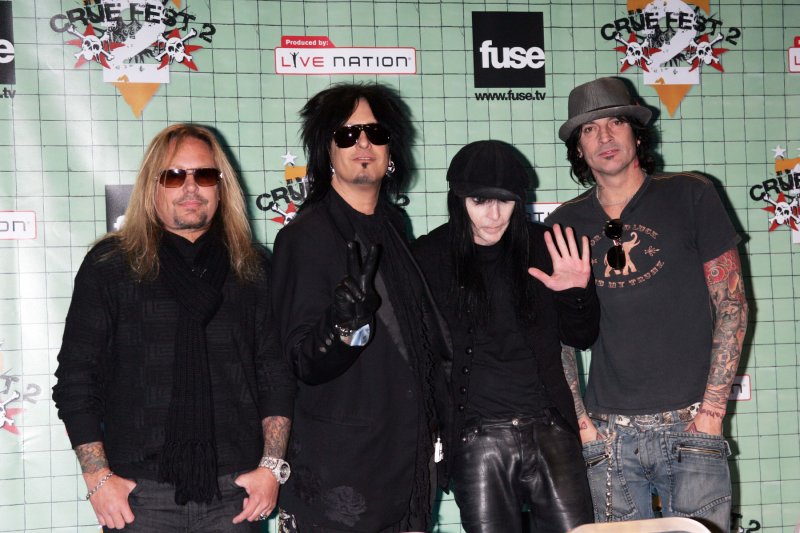Motley Crue (L-R) Vince Neil, Nikki Sixx, Tommy Lee and Mick Mars attend press conference to announce their "Crue Fest 2" line up at Fuse Studios in New York on March 16, 2009. (UPI Photo/Laura Cavanaugh) | <a href="/News_Photos/lp/566109c5b251e595c851ac6d35e0ea4a/" target="_blank">License Photo</a>