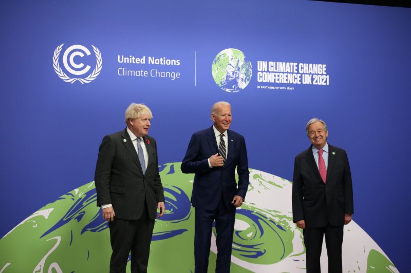 British Prime Minister Boris Johnson, left, U.S President Joe Biden, center, and UN Secretary-General Antonio Guterres, right, are pictured at the United Nations Climate Change Conference, Nov. 1, 2021, in Glasgow, Scotland. A U.N. global climate report Wednesday said climate change caused severe impacts on global food security as four climate change indicators set new records in 2021. Photo by Kiara Worth/COP26/UPI | <a href="/News_Photos/lp/ae8a873a71702e72aaf3ad6be5b44b13/" target="_blank">License Photo</a>