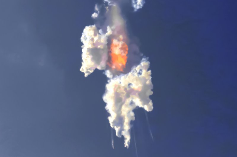 The SpaceX Starship explodes minutes after liftoff on its first launch from Starbase, in Boca Chica, Texas, on Thursday. The explosion rained debris over a wide area, shaking homes and covering Port Isabel with brown grime for miles. Photo by Thom Baur/UPI