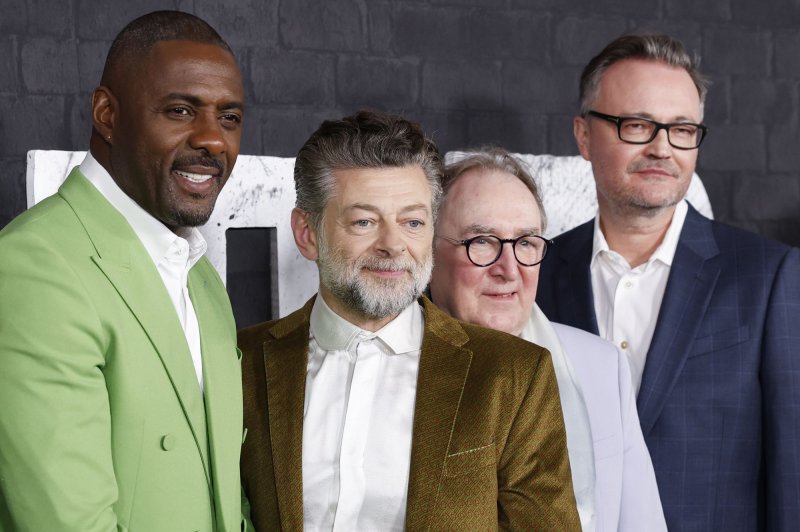 Left to right, Idris Elba, Andy Serkis, Dermot Crowley and Jamie Payne arrive on the red carpet at the "Luther: The Fallen Sun" New York premiere at Paris Theater on Wednesday. The film, a sequel to BBC TV series "Luther," streams Friday on Netflix. Photo by John Angelillo/UPI
