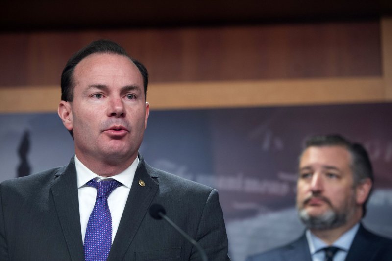 Sen. Mike Lee, R-Utah, speaks during a press conference with Sen. Ted Cruz, R-Texas, at the U.S. Capitol on April 7. Both are backing a bill challenging Google's online ad dominance on Thursday. Photo by Bonnie Cash/UPI