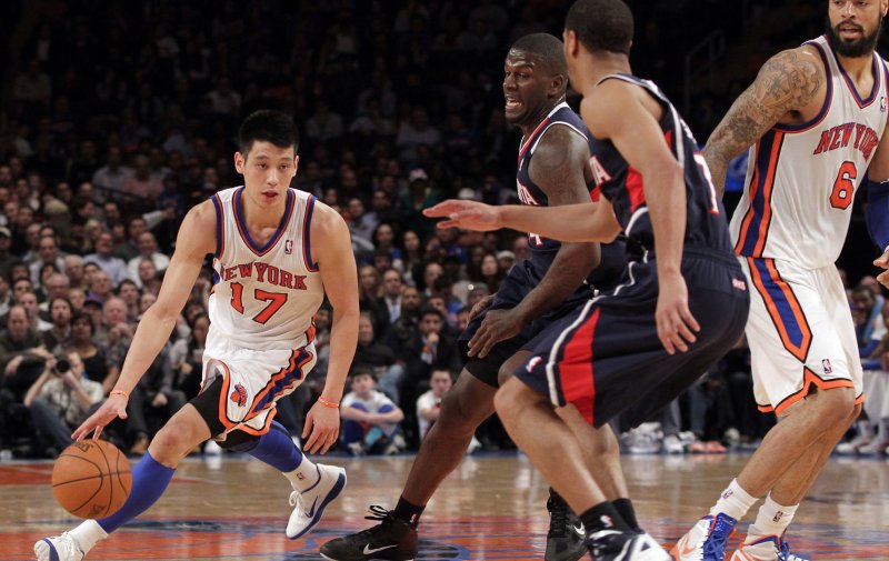 New York Knicks Jeremy Lin brings the ball up the court in the third quarter against the Atlanta Hawks at Madison Square Garden in New York City on February 22, 2012. The Knicks defeated the Hawks 99-82. UPI/John Angelillo